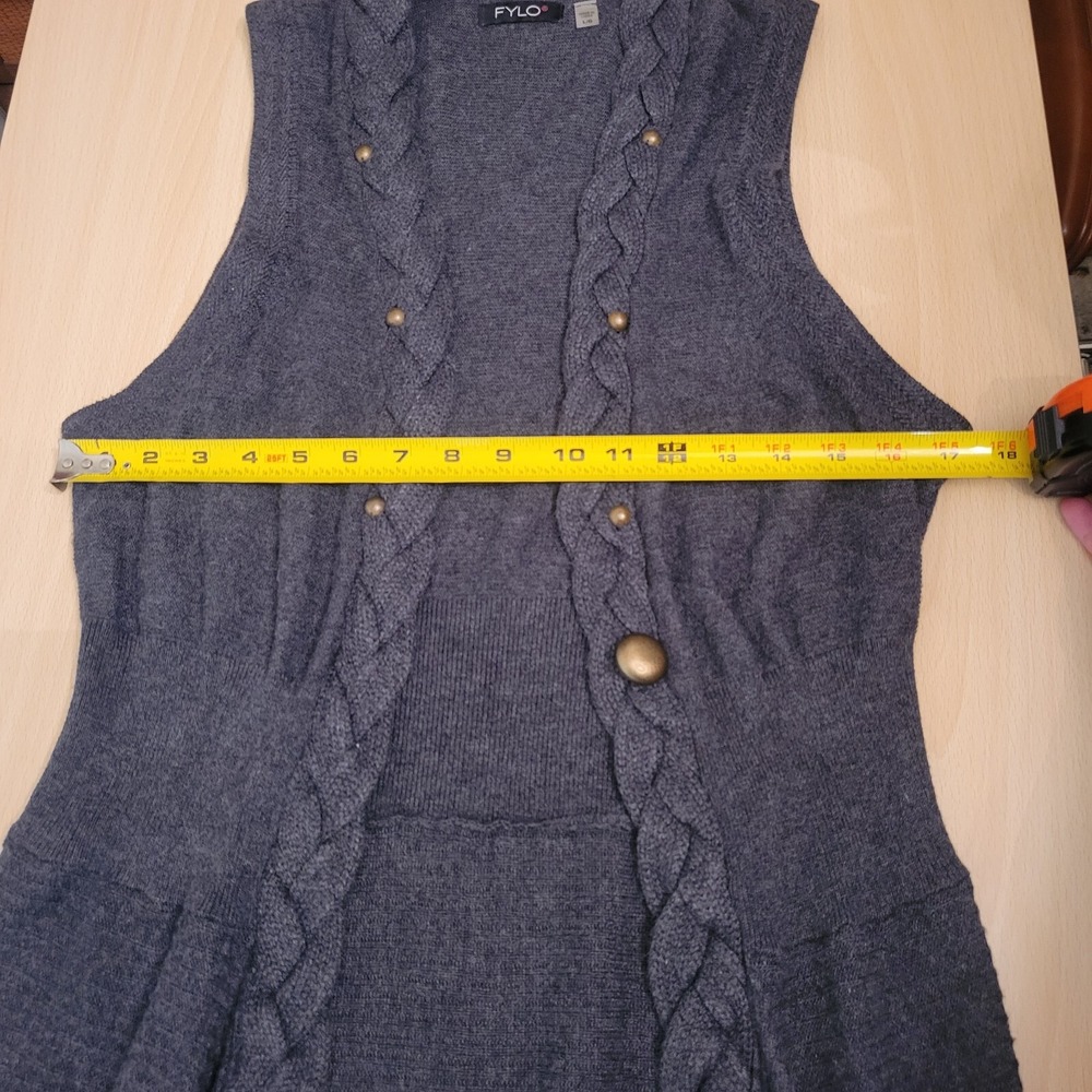 FYLO Open Front Cardigan Vest Sweater Braided Hem Asymmetrical Grey Large‎ - Picture 10 of 15